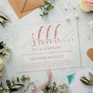 Elegant Rose Gold Glitter Surprise Birthday Party Acrylic Invitations