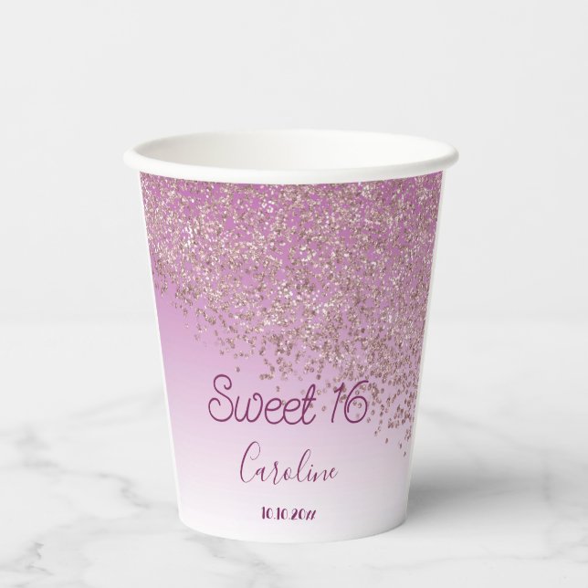 Elegant Rose Gold Glitter Sweet 16 Birthday Paper Cups (Front)