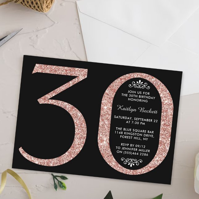 Elegant Rose Gold Glitter Typography 30th Birthday Invitation (Creator Uploaded)