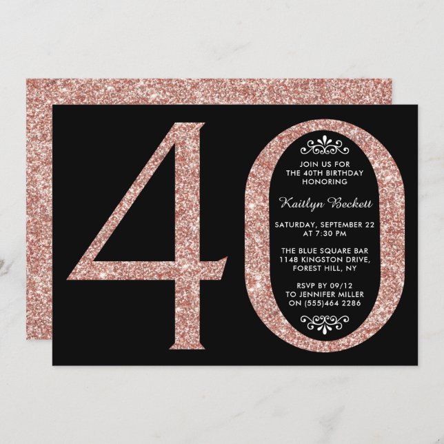 Elegant Rose Gold Glitter Typography 40th Birthday Invitation (Front/Back)