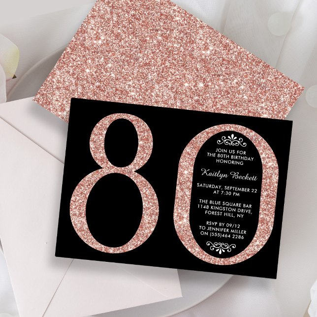 Elegant Rose Gold Glitter Typography 80th Birthday Invitation (Creator Uploaded)