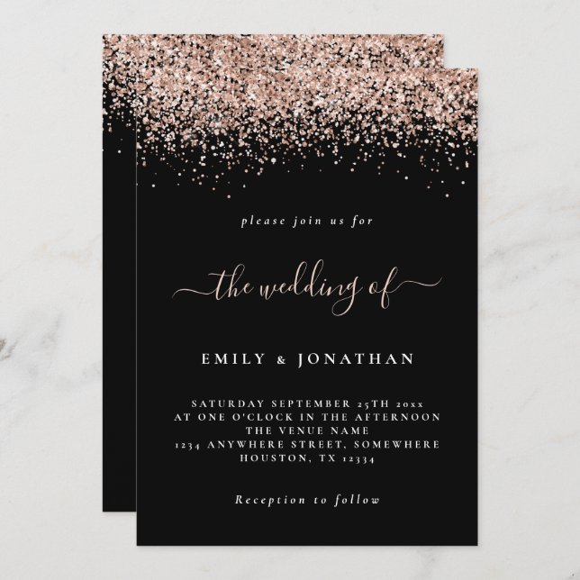 Elegant Rose Gold Glitter Wedding Black Invitation (Front/Back)