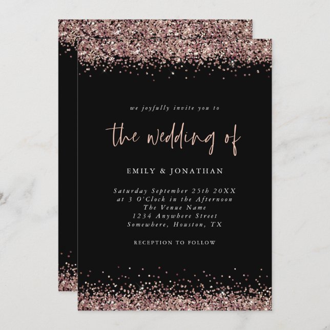 Elegant Rose Gold Glitter Wedding Black Invitation (Front/Back)
