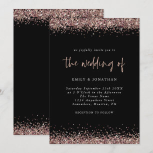 Elegant Rose Gold Glitter Wedding Black Invitation