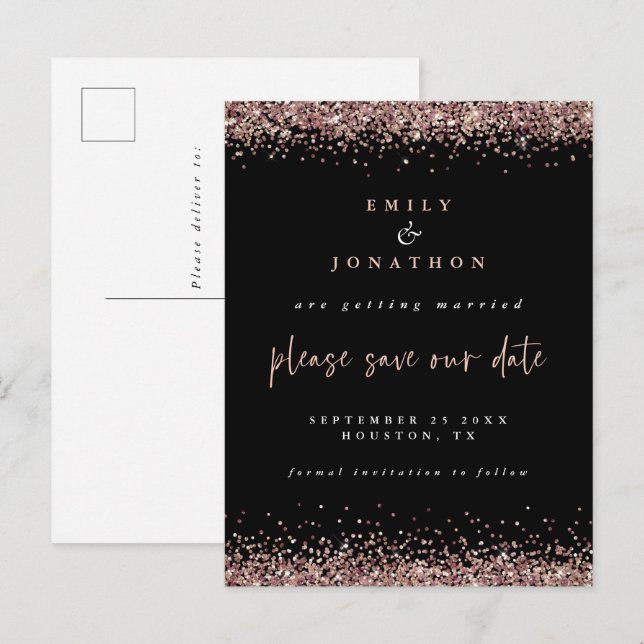 Elegant Rose Gold Glitter Wedding Black Save Date Announcement Postcard (Front/Back)