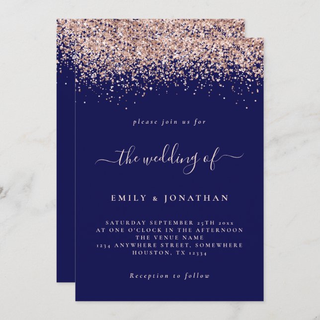 Elegant Rose Gold Glitter Wedding Navy Blue Blush Invitation (Front/Back)