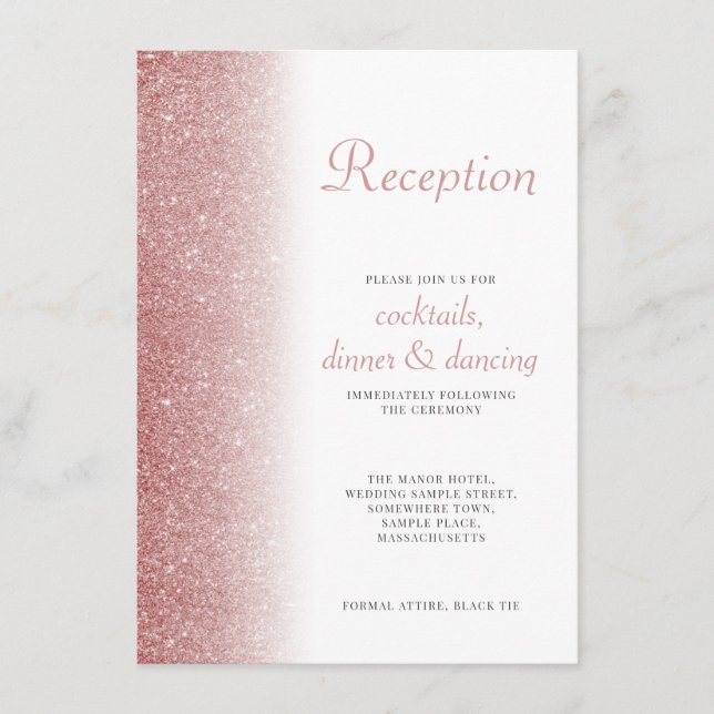 Elegant Rose Gold Glitter Wedding Reception Card (Front)