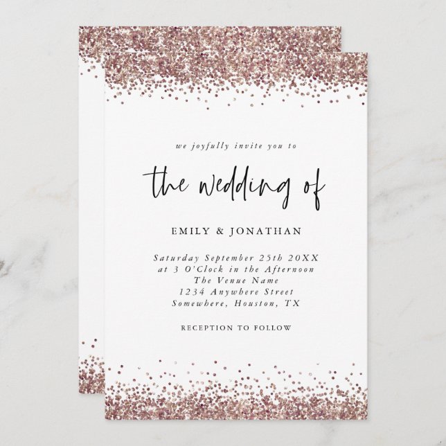 Elegant Rose Gold Glitter Wedding White Invitation (Front/Back)