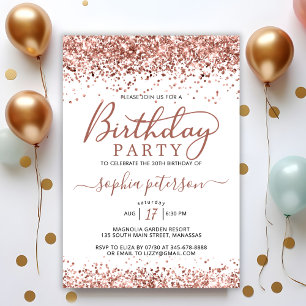 Elegant Rose Gold Glitter White Any Age Birthday Invitation