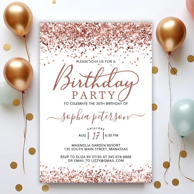 Elegant Rose Gold Glitter White Any Age Birthday Invitation (Creator Uploaded)