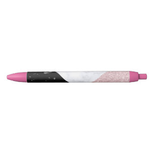 Elegant rose gold glitter white black marble black ink pen