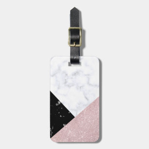 Elegant rose gold glitter white black marble luggage tag
