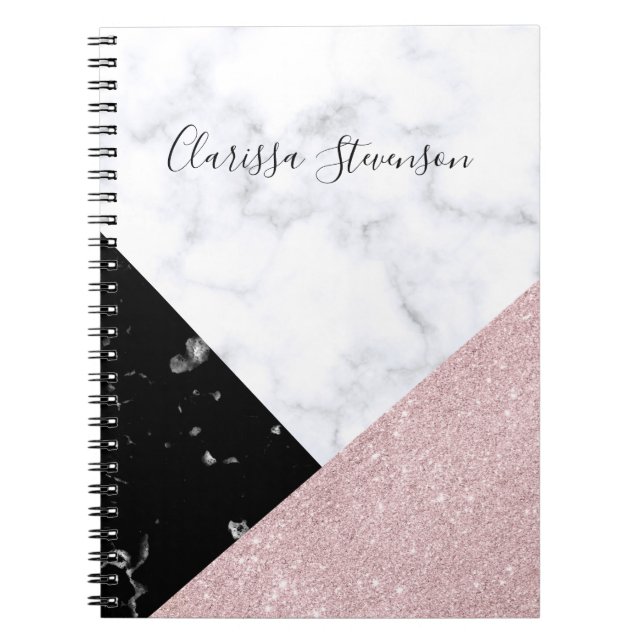Elegant rose gold glitter white black marble notebook (Front)