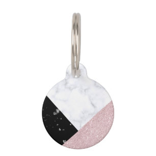 Elegant rose gold glitter white black marble pet tag