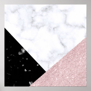 Elegant rose gold glitter white black marble poster