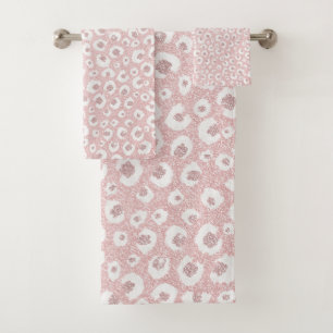 Elegant Rose Gold Glitter White Leopard Print Bath Towel Set