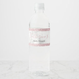 Elegant rose gold glitter white marble baby shower water bottle label