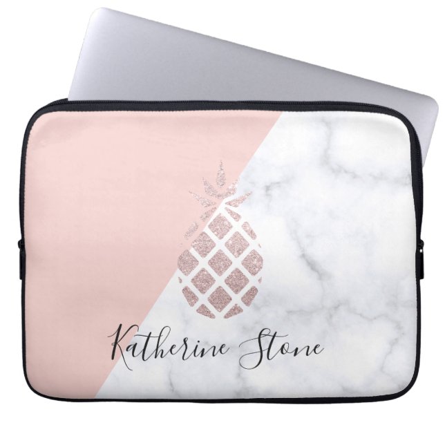 Elegant rose gold glitter white marble blush pink laptop sleeve (Front)