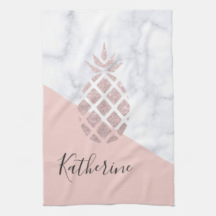 Elegant rose gold glitter white marble blush pink tea towel