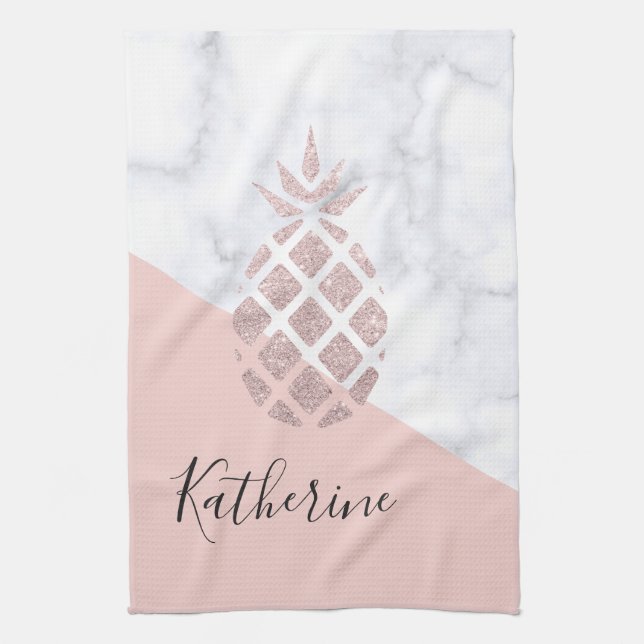 Elegant rose gold glitter white marble blush pink tea towel (Vertical)