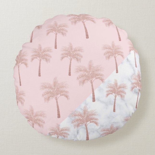 Elegant rose gold glitter & white marble pattern round cushion (Front)