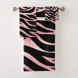 Elegant Rose Gold Glitter Zebra Black Animal Print Bath Towel Set