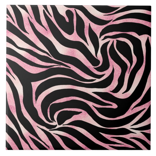 Elegant Rose Gold Glitter Zebra Black Animal Print Ceramic Tile (Front)