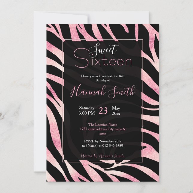 Elegant Rose Gold Glitter Zebra Black Animal Print Invitation (Front)