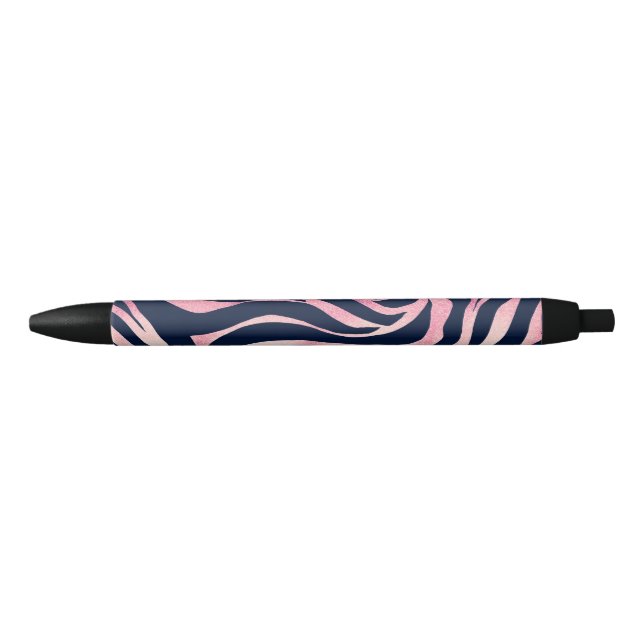 Elegant Rose Gold Glitter Zebra Blue Animal Print Black Ink Pen (Front)