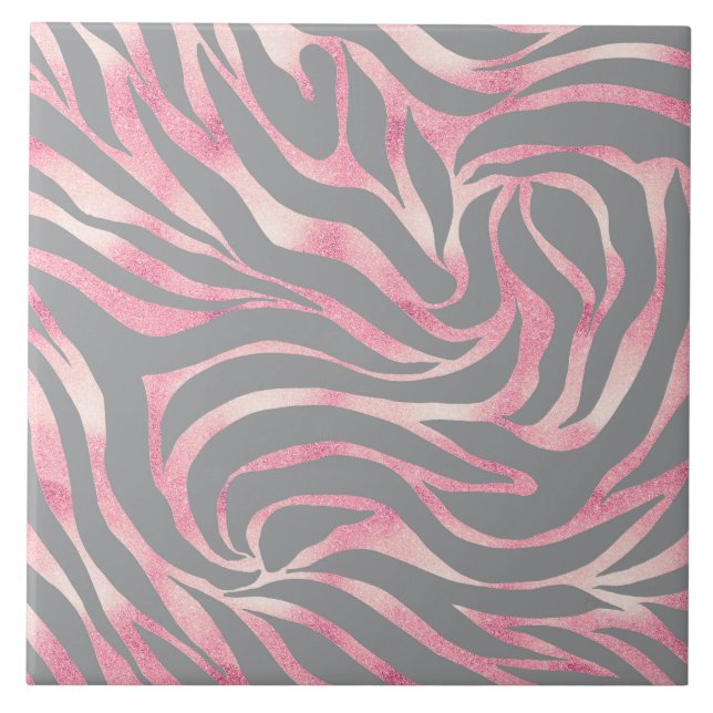 Elegant Rose Gold Glitter Zebra Grey Animal Print Ceramic Tile (Front)