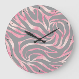 Elegant Rose Gold Glitter Zebra Grey Animal Print Large Clock