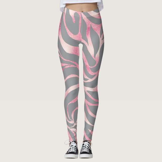 Elegant Rose Gold Glitter Zebra Grey Animal Print Leggings (Front)