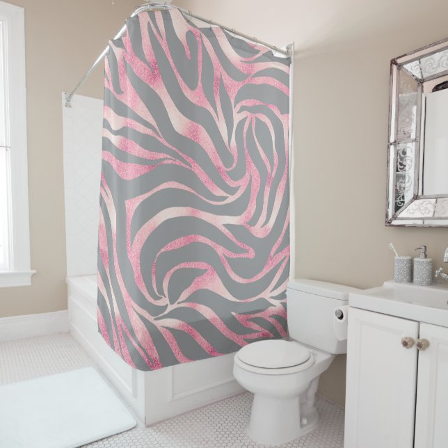 Elegant Rose Gold Glitter Zebra Grey Animal Print Shower Curtain (In Situ)