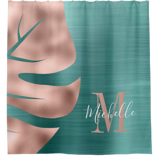 Elegant Rose Gold Green Palm Leaf Monogram Shower Curtain (Front)