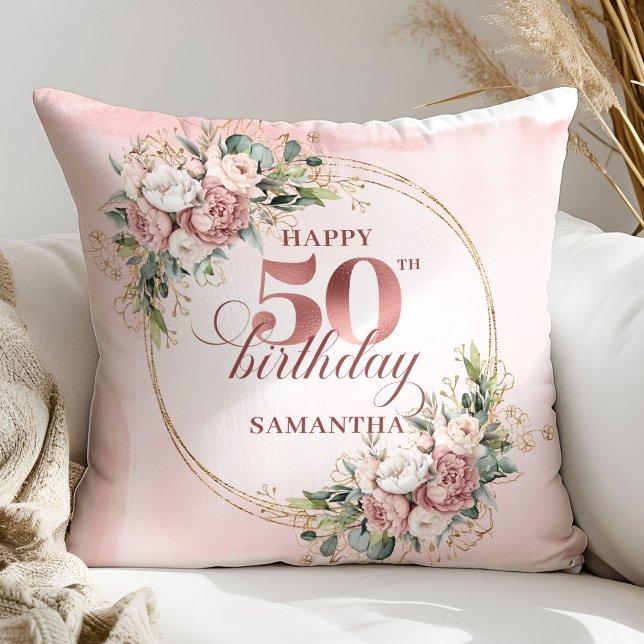 Elegant Rose Gold Greenery 50th Birthday Pillow  (Elegant Rose Gold Greenery 50th Birthday Pillow Gift)