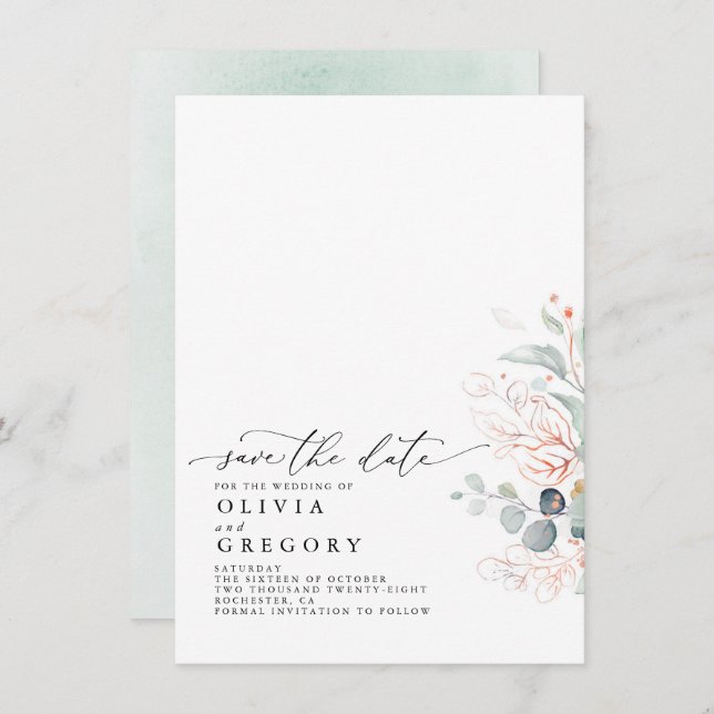 Elegant Rose Gold Greenery Save The Date Announcement (Front/Back)