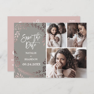 Elegant Rose Gold Grey 3 Photo Save the Date Announcement Postcard