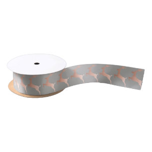 Elegant Rose Gold Grey Christmas Reindeer Pattern Satin Ribbon