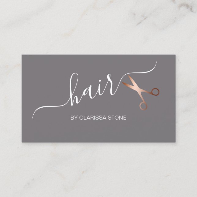 Elegant rose gold & grey scissors hairstylist business card (Front)