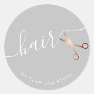 Elegant rose gold & grey scissors hairstylist classic round sticker