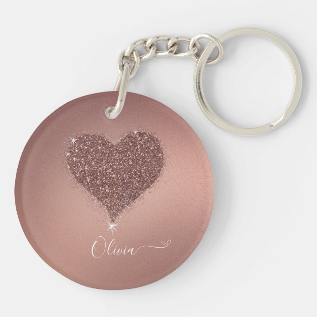 Elegant Rose Gold Heart Glittery Acrylic Keychain (Back)