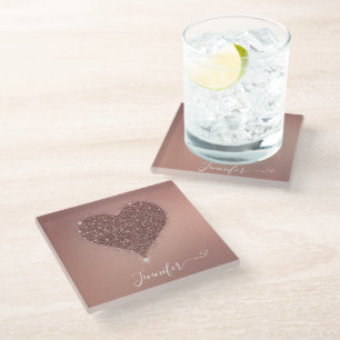 Elegant Rose Gold Heart Glittery Glass Coaster
