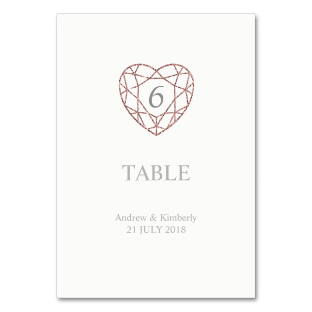 Elegant rose gold heart wedding table number (Front)