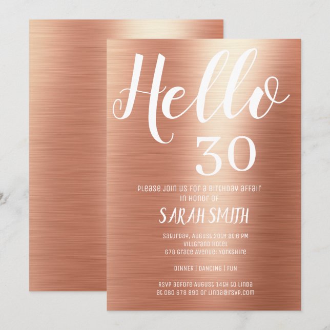 Elegant Rose Gold Hello 30 Birthday  Invitation (Front/Back)