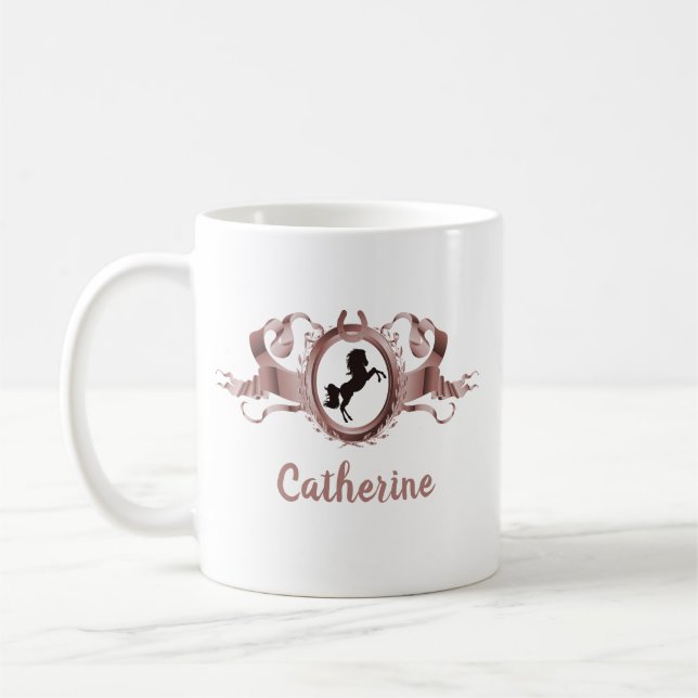 Elegant Rose Gold Horse Ribbon Crest Name Coffee Mug (Left)