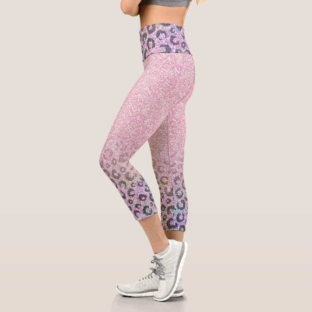 Elegant Rose Gold Iridescent Glitter Leopard Print Capri Leggings (Left)