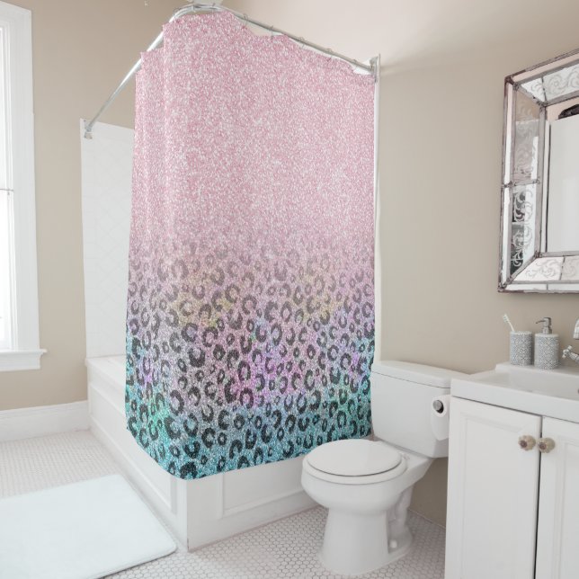 Elegant Rose Gold Iridescent Glitter Leopard Print Shower Curtain (In Situ)