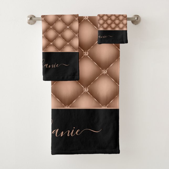 Elegant Rose Gold Jewel Tufted Personalised Bath Towel Set (Insitu)