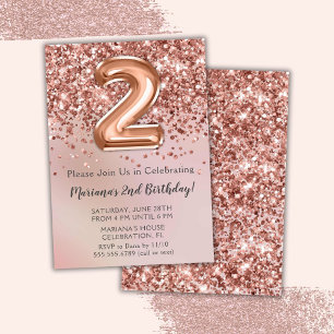 Elegant Rose Gold Kids Girl 2nd Birthday Party Inv Invitation
