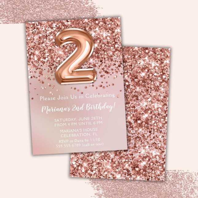 Elegant Rose Gold Kids Girl 2nd Birthday Party Invitation (Creator Uploaded)